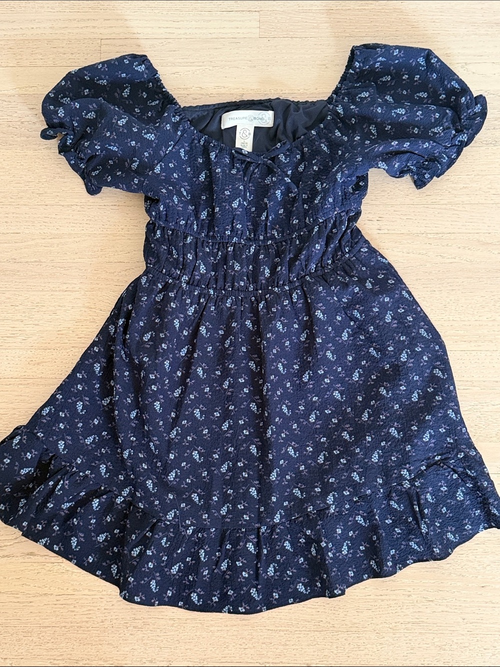 Treasure & Bond Navy Blue Floral Smocked Puff-Sleeve Dress
